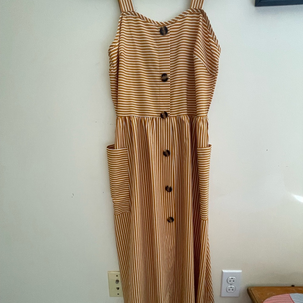 ROMWE Striped Mustard Yellow Maxi Dress with Buttons